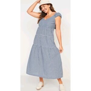 Old Navy Blue White Gingham Baby Doll Puff Sleeveless Tiered Maxi Dress Small